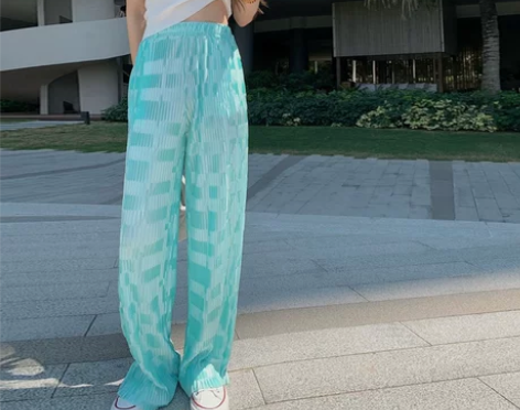 时髦前卫棋盘格纹理休闲裤女春夏薄款高腰长裤...