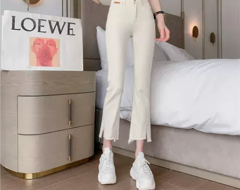 微喇裤白色牛仔裤女夏小个子八分薄款高腰显瘦...