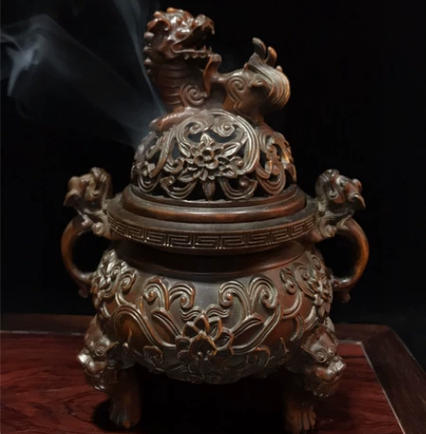 黄杨木朝天吼熏炉 小叶黄杨木瑞兽三足鼎熏香...