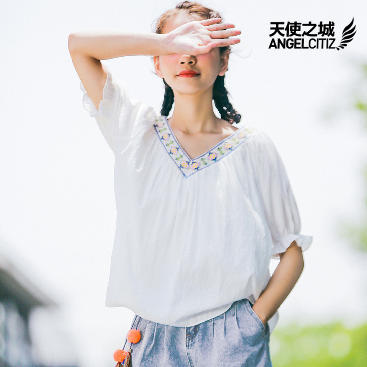 天使之城2017夏季新V领绣花宽松A形雪纺...