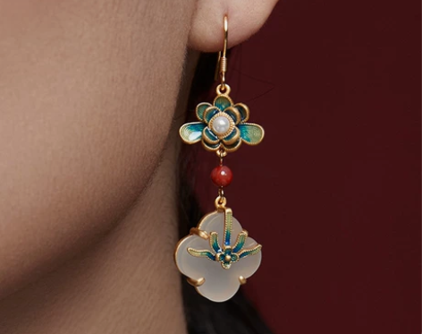 古法传承鎏金工艺东方古典彩绘珐琅耳环 荷花...