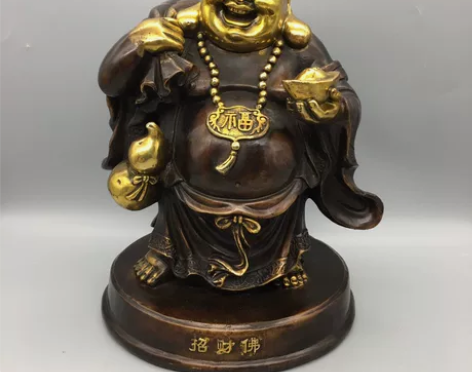 古玩铜器收藏带底座招财弥勒佛鎏金佛像摆件 ...