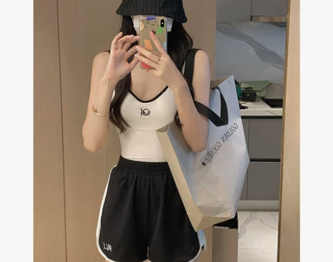 白水女 撞色边刺绣吊带背心女夏季外穿ins...