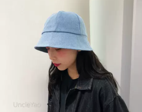 UncleYao戴圆顶短檐牛仔渔夫帽丹宁盆...