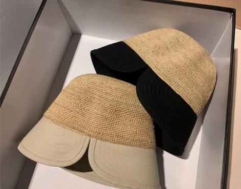 时尚拼接拉菲草帽女日系遮脸小檐渔夫帽遮阳太...