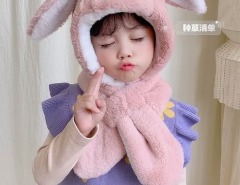 甜美兔耳朵儿童围巾一体帽冬季户外保暖护耳帽...