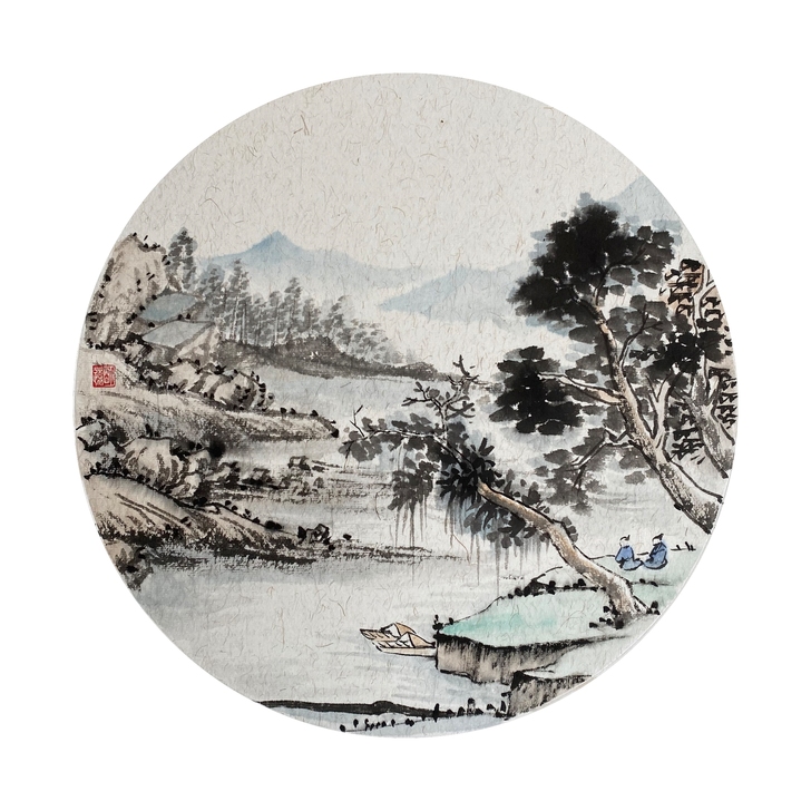 圆形山水画，宣卡已托裱，装框即可。尺寸35*