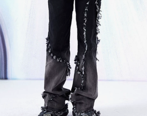 复古渐变黑灰毛边水洗春秋季嘻哈牛仔裤女宽松...