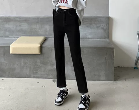 加绒加厚牛仔裤女秋冬小个子高腰显瘦百搭复古...