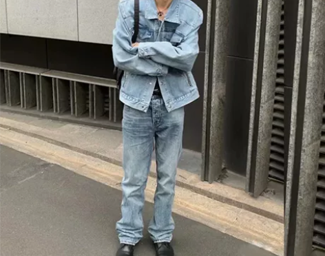 水洗牛仔裤做旧微喇修身VIBE男女休闲复古...