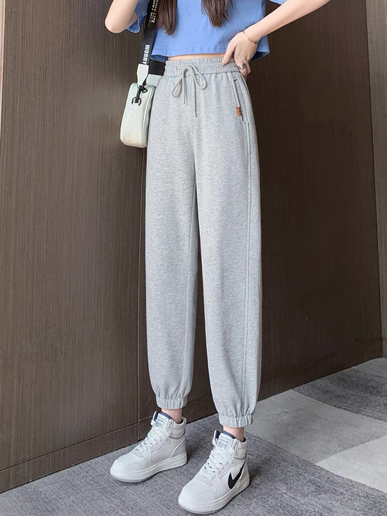 2021春秋运动裤女裤子宽松束脚灰色显瘦哈...