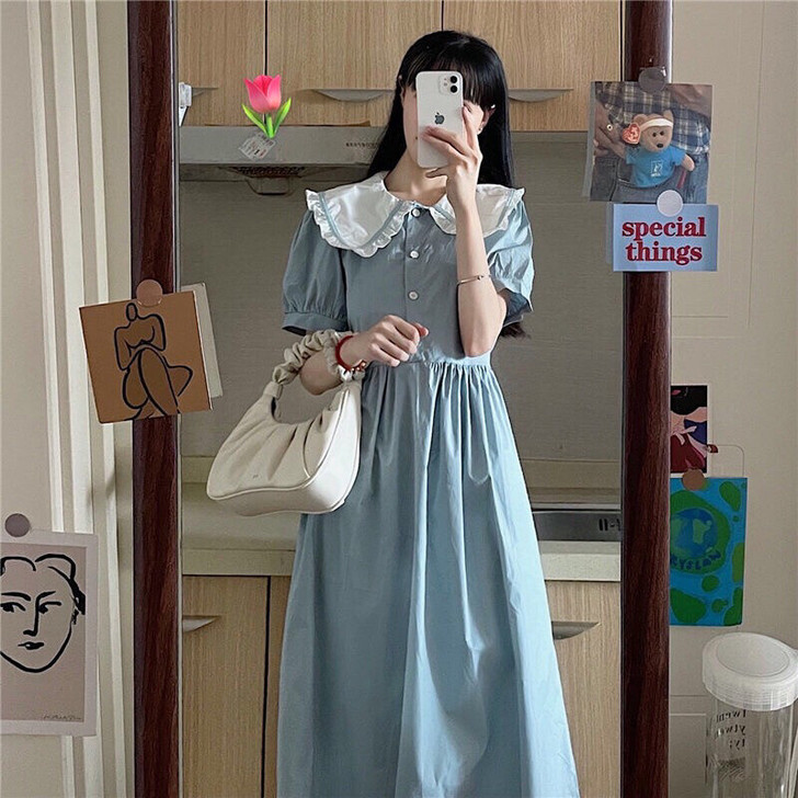 夏季日系软妹可爱娃娃领拼接短袖连衣裙女学生...