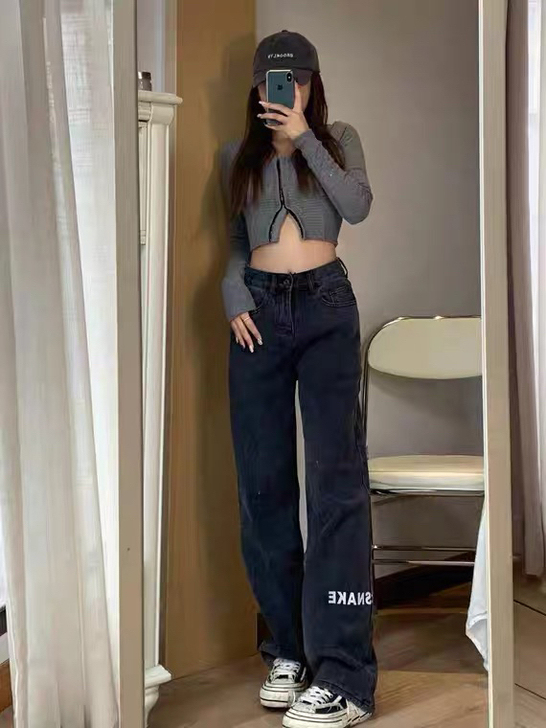 BABY SNAKE品牌 黑色高腰直筒阔腿...