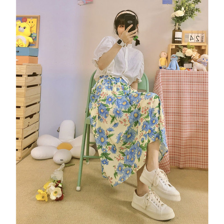 猫力君自制 雪纺半身裙a字温柔风复古甜美软...