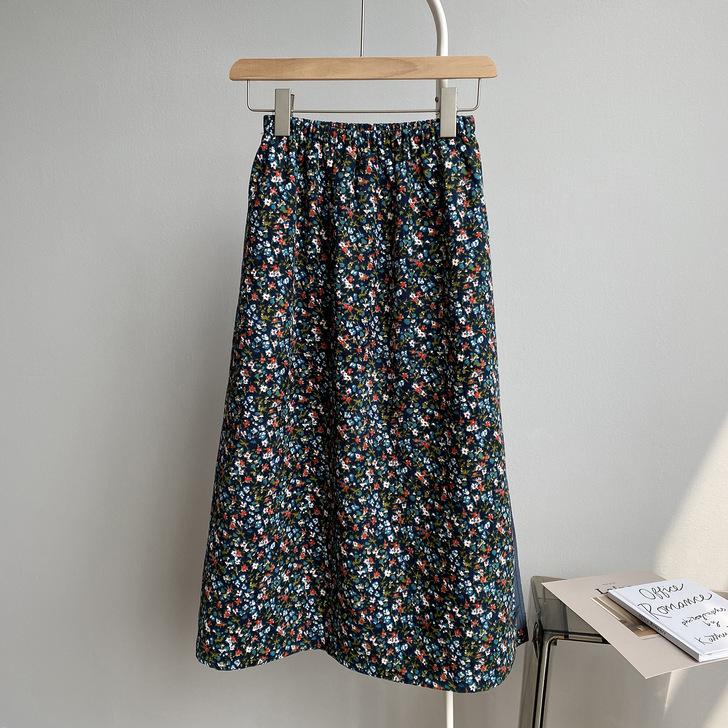 日系温柔风灯芯绒加厚碎花开叉半身裙秋冬装复...