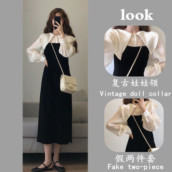 全新2021年新款网红假两件连衣裙子中长裙...
