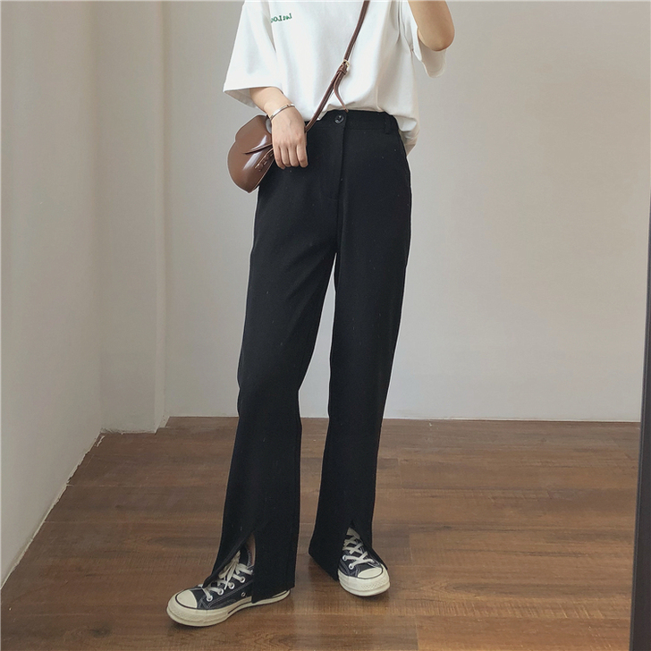 muzi 21秋/黑色高腰直筒宽松阔腿前开...