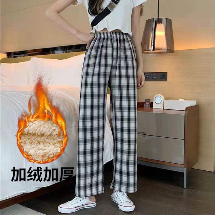 加绒格子裤女秋冬季高腰直筒休闲裤加绒加厚宽...