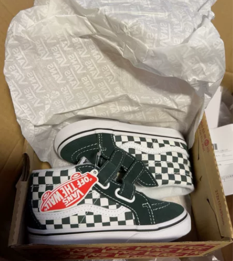 Vans 儿童棋盘格 魔术贴鞋子 , 墨绿...