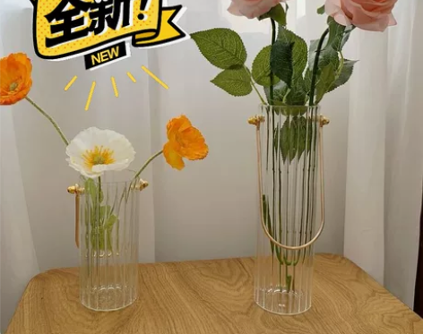 北欧轻奢竖纹玻璃花瓶创意现代卧室客厅插花花...
