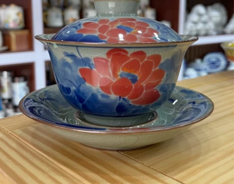 景德镇瓷器三才盖碗老陶泥元宝盖碗青花瓷荷花...