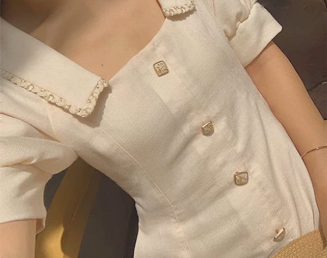 从一 智熏法式桔梗裙小香风连衣裙初恋夏方领...