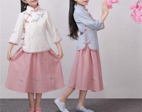 儿童民国风棉麻旗袍学生装复古风裙子汉元素女...