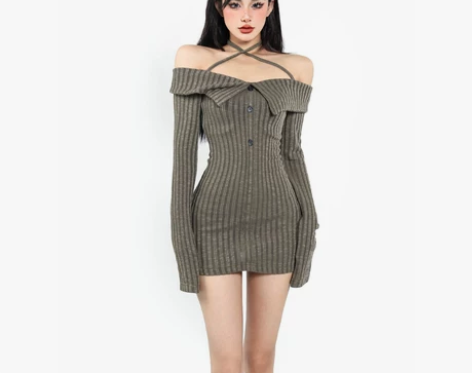 一字肩交叉绑带挂脖长袖连衣裙性感收腰短裙