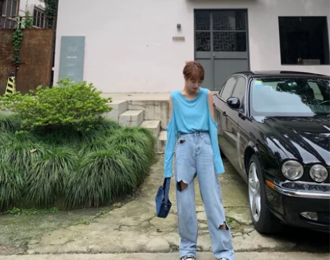 ISSDM 街头风不规则破洞直筒牛仔裤 高...