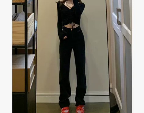 高腰牛仔裤 显瘦高腰牛仔黑色加绒女直筒ch...