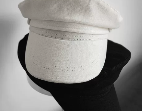 棉布海军帽女白色平顶贝雷帽时尚百搭报童帽子...