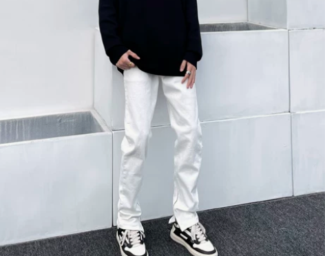 ?GOFB美式高街白色牛仔裤修身小脚百搭显...