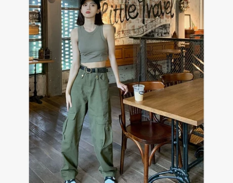 军绿色直筒工装裤女夏高腰宽松休闲阔腿裤小个...