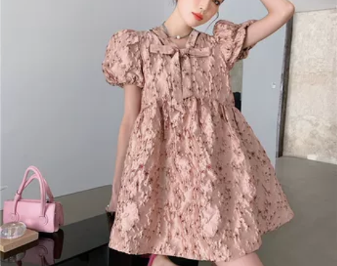 樱花粉提花娃娃裙茶歇法式小个子初恋裙复古温...