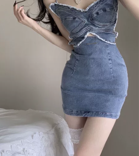 大码穿搭博主 美式牛仔蝴蝶结挂脖连衣裙鞠婧...