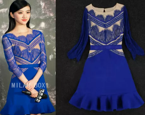 景甜李小璐明星同款 荷叶边蕾丝拼接修身连衣...