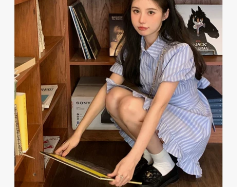 VASSE 条纹泡泡袖polo连衣裙子女