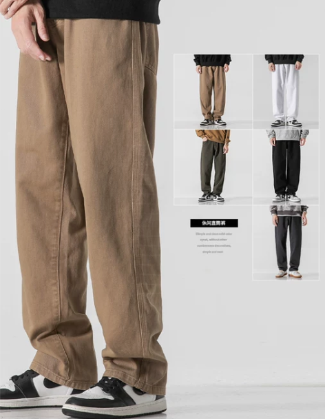 直筒阔腿裤长裤冬季美式高街加绒裤子男宽松加...