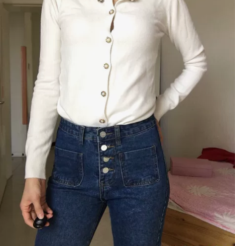 喇叭牛仔裤深蓝色 法式复古 L码 裤长88...