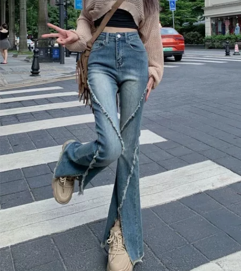 设计感开叉毛边喇叭牛仔裤女早秋复古高腰显瘦...