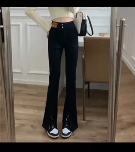 高腰微喇弹力牛仔裤女2022春季新款显瘦黑...