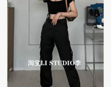 美式高腰显瘦休闲裤女2022夏欧美多口袋工...