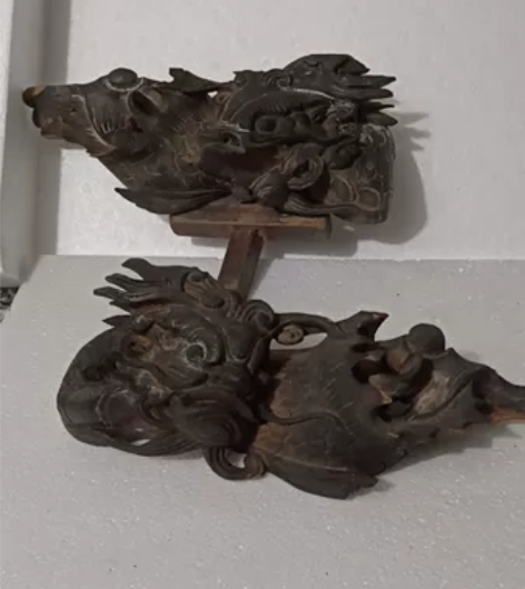 清代木雕龙一对，古板金鱼化龙老味十足古色古...