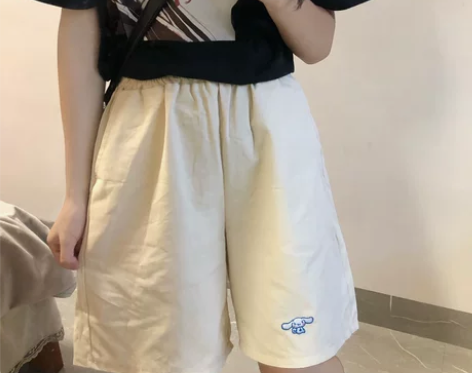 日系软妹松紧刺绣短裤夏季阔腿纯色百搭休闲松...