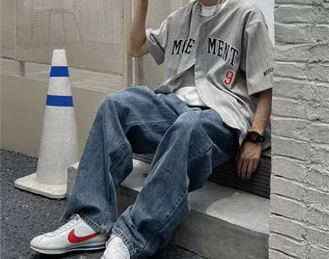 港风复古水洗牛仔裤男百搭宽松直筒拖地阔腿裤...