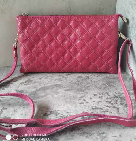 女士真皮小挎包玫红色头层牛皮包包手拿包 可...