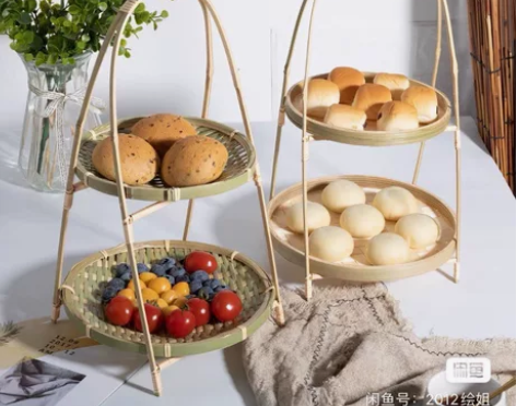 手工竹编制品水果茶点小吃筐多层零食盘干果篮...