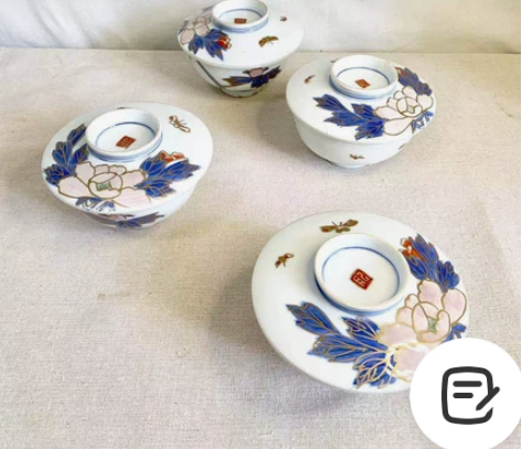 日本昭和时期古伊万里4套茶盖碗，汤碗，手绘...