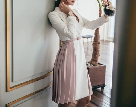 撞色韩版百褶裙A字裙 OL职业气质连衣裙 ...