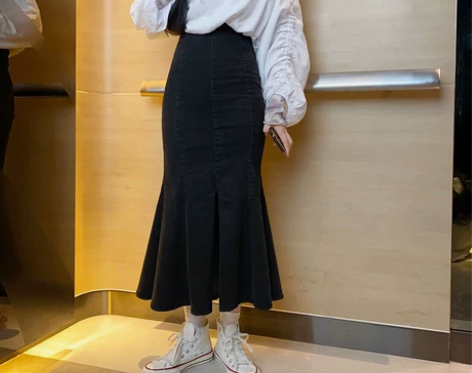 {现货}花田橱窗牛仔高腰开叉鱼尾裙半身裙女...